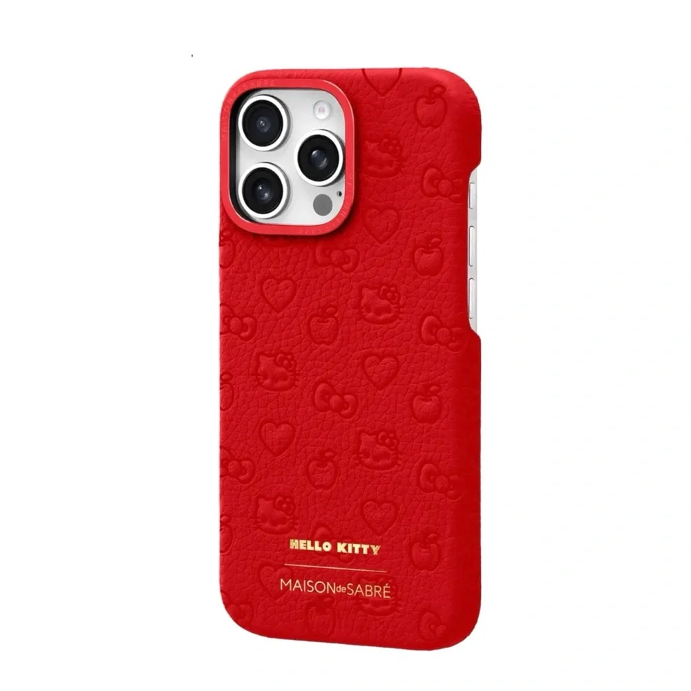 🆕 Maison de Sabré & Hello Kitty iPhone 16 Pro Case Embossed Leather–Pomegranate